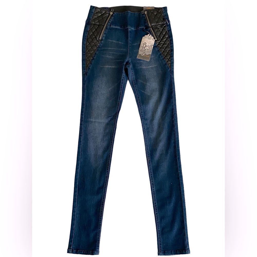 Boom Boom pull on stretch jeans/ leggings, zipper & leather accents size M NWT
